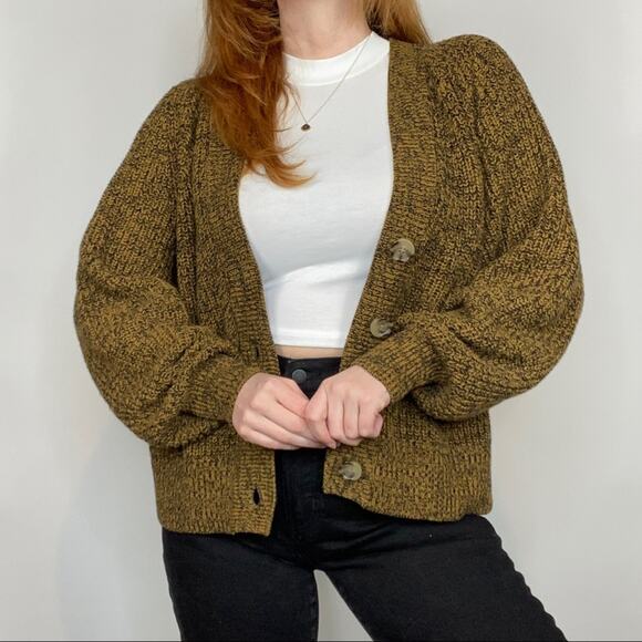 A New Day Large Neutral Brown & Black Semi Cropped Button Front Cardigan Sweater - Picture 5 of 14